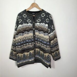 Icelandic Design Wool Button Front Sweater with Landscape Design